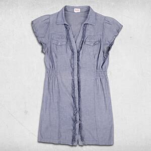 Mossimo Chambray Dress Womens M Blue Cap Sleeves V-neck Collared Snap Up Boho